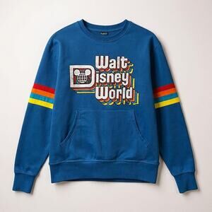 Walt Disney World Retro Blue Sweatshirt Small Rainbow Stripe Logo Crewneck
